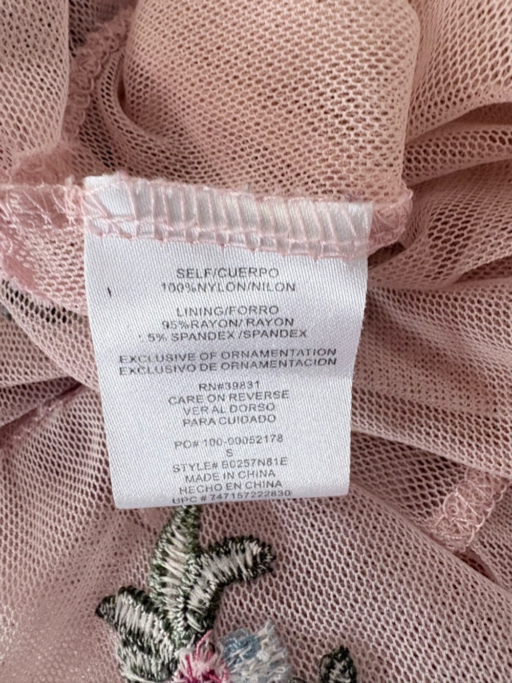 DEMOCRACY Sz S Sheer Mesh Pink Top Floral Embroidery Ruffle Hem & Sleeves Boho - Picture 10 of 13